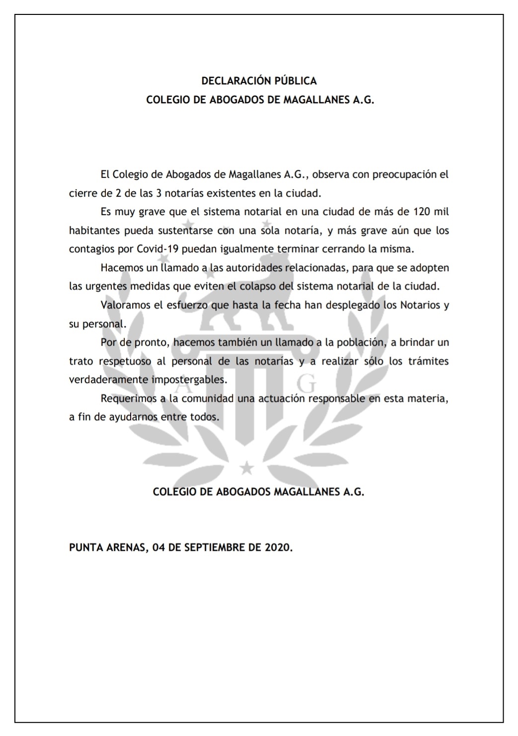 Colegio de Abogados de Magallanes expresa preocupación por cierre de Notarias en Punta Arenas