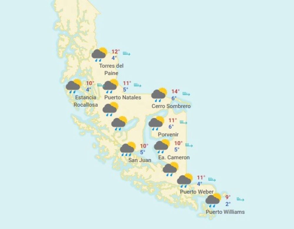 Lluvias matinales, nublados y chubascos se pronostican hoy 23 de noviembre en Magallanes