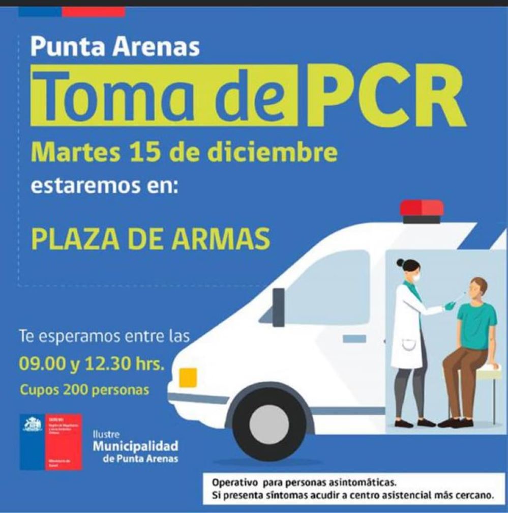 Toma de PCR se efectúa hoy en Plaza Muñoz Gamero de Punta Arenas