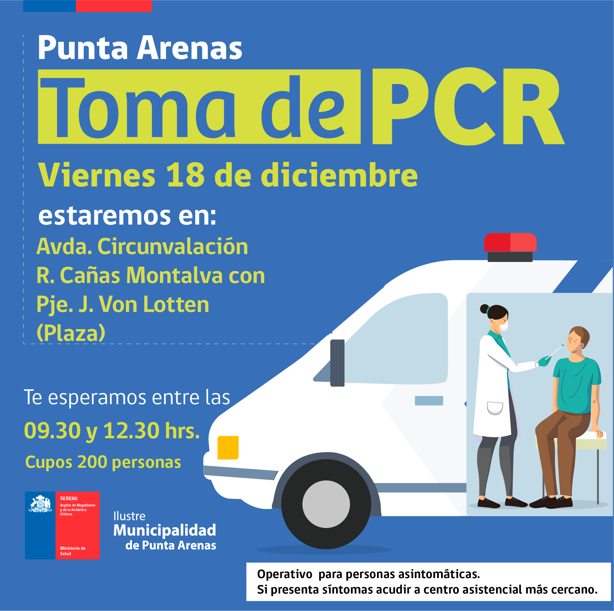 Toma de PCR en distintos lugares de Punta Arenas, Porvenir y Puerto Natales, este viernes 18 diciembre