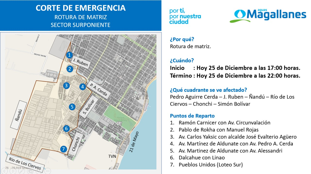 Aguas Magallanes realiza corte de emergencia por rotura de matriz en Punta Arenas