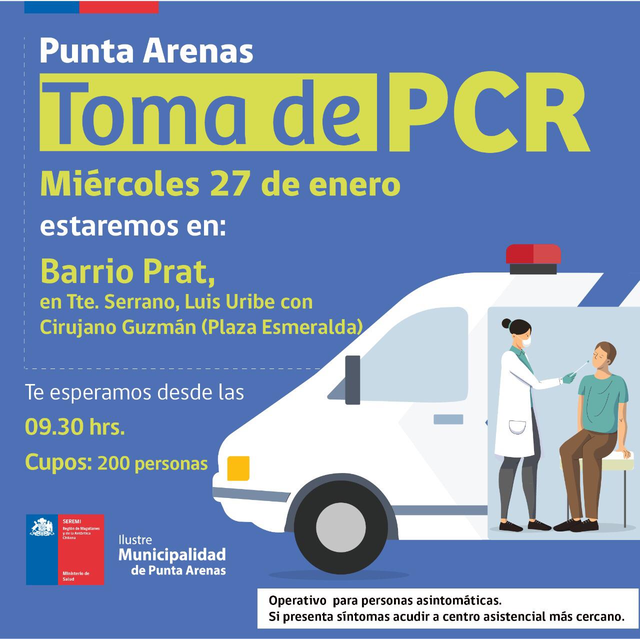 Toma de PCR se efectuará este miércoles 27 en el Barrio Prat de Punta Arenas