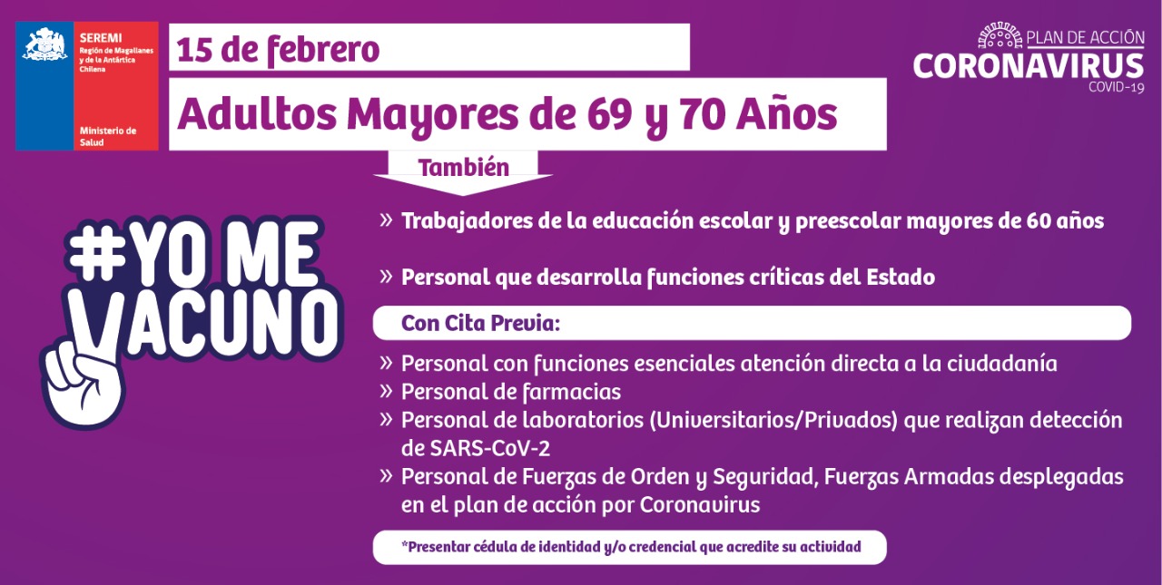 Hoy se vacunan contra el covid-19 en Magallanes adultos mayores de 69 y 70 años de edad y trabajadores de la Educación