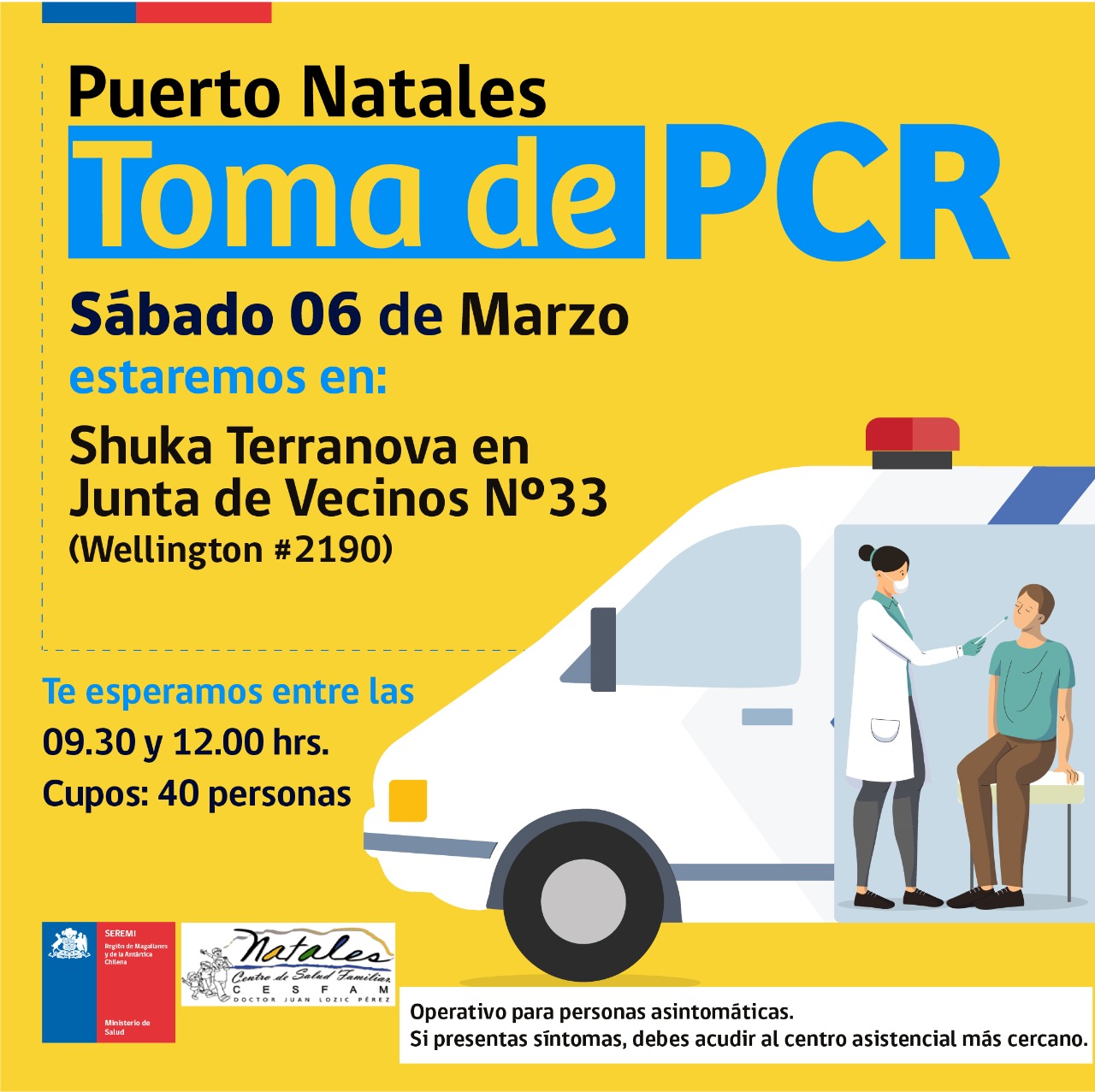 Amplio operativo de toma de PCR se efectúa este sábado 6 de marzo en distintos puntos de Puerto Natales