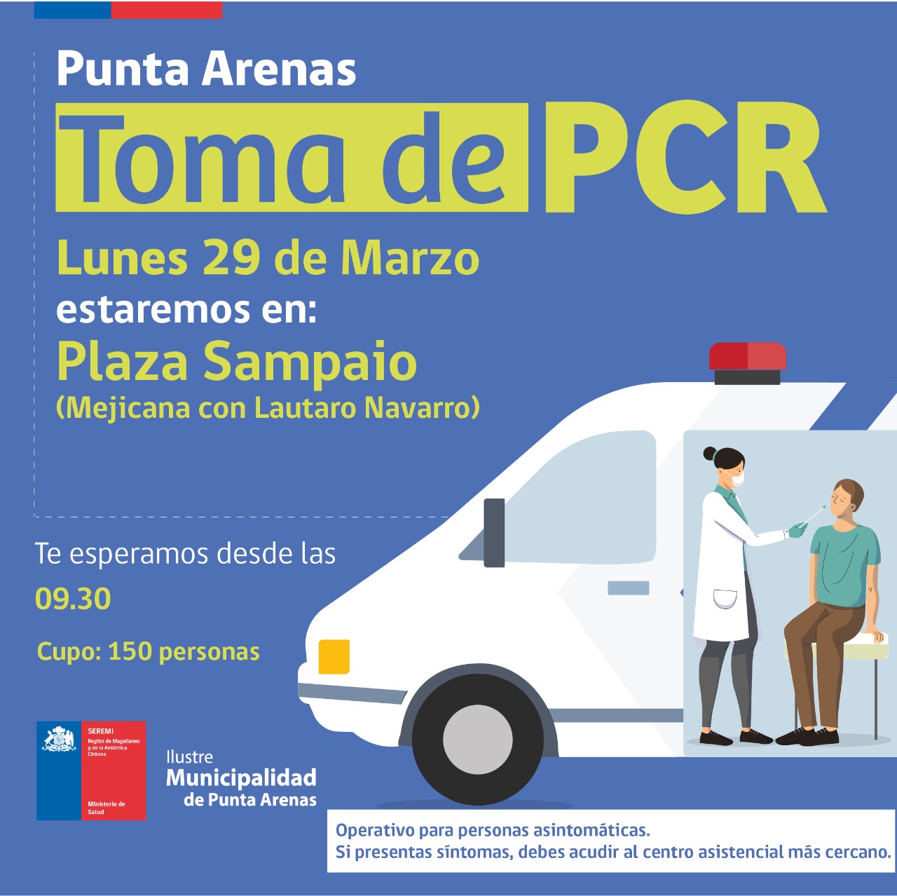 Toma de exámenes PCR continúan este lunes 29 de marzo en Punta Arenas, Porvenir, Puerto Natales y Puerto Williams