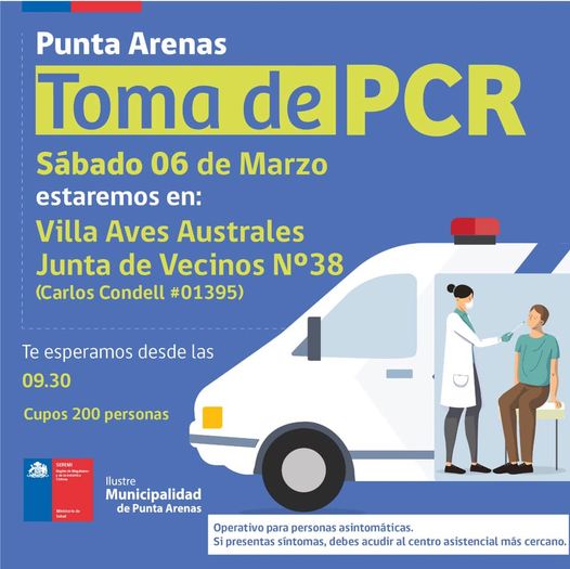 Toma de PCR se efectuará este sábado 6 de marzo en Punta Arenas