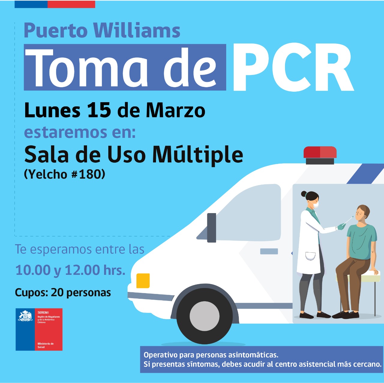 Toma de PCR se realizará este lunes 15 de marzo en Punta Arenas, Puerto Williams, Puerto Natales y Porvenir