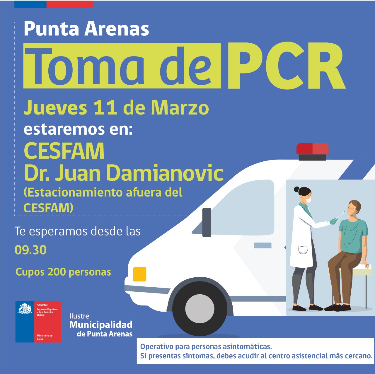 Este jueves se realiza toma de PCR en Punta Arenas, Porvenir y Puerto Natales