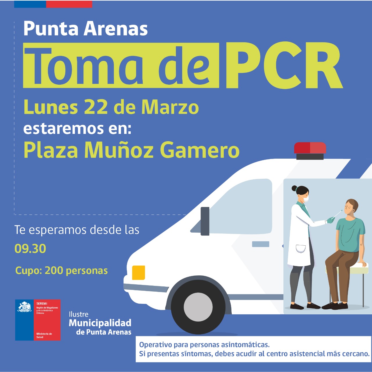 Toma de PCR se efectúa hoy lunes 22 de marzo en Punta Arenas, Puerto Natales, Porvenir y Puerto Williams