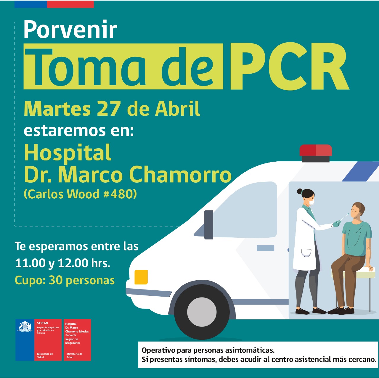 Toma de PCR se efectúa hoy en Punta Arenas, Puerto Natales, Porvenir y Timaukel