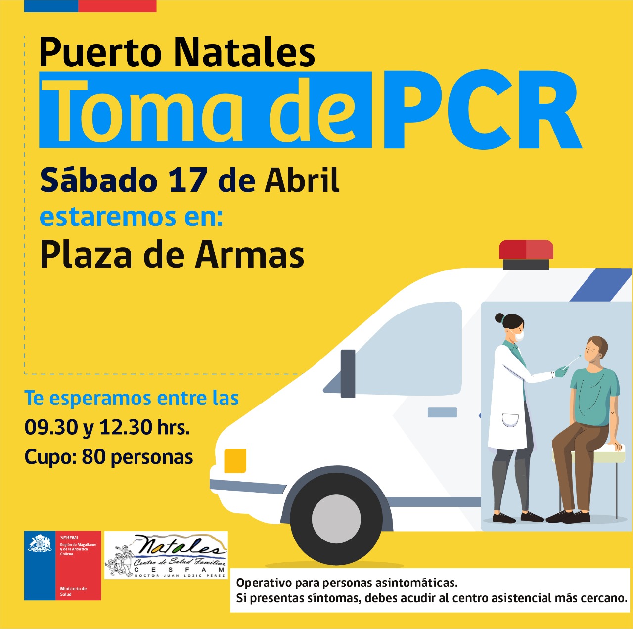 Examenes PCR se continúan tomando este sábado 17 de abril en Puerto Natales, Punta Arenas y Timaukel