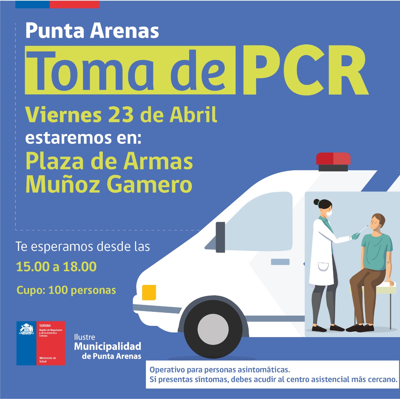 Toma de exámenes PCR se efectuará este viernes 23 de abril en Punta Arenas, Porvenir, Puerto Natales y Timaukel