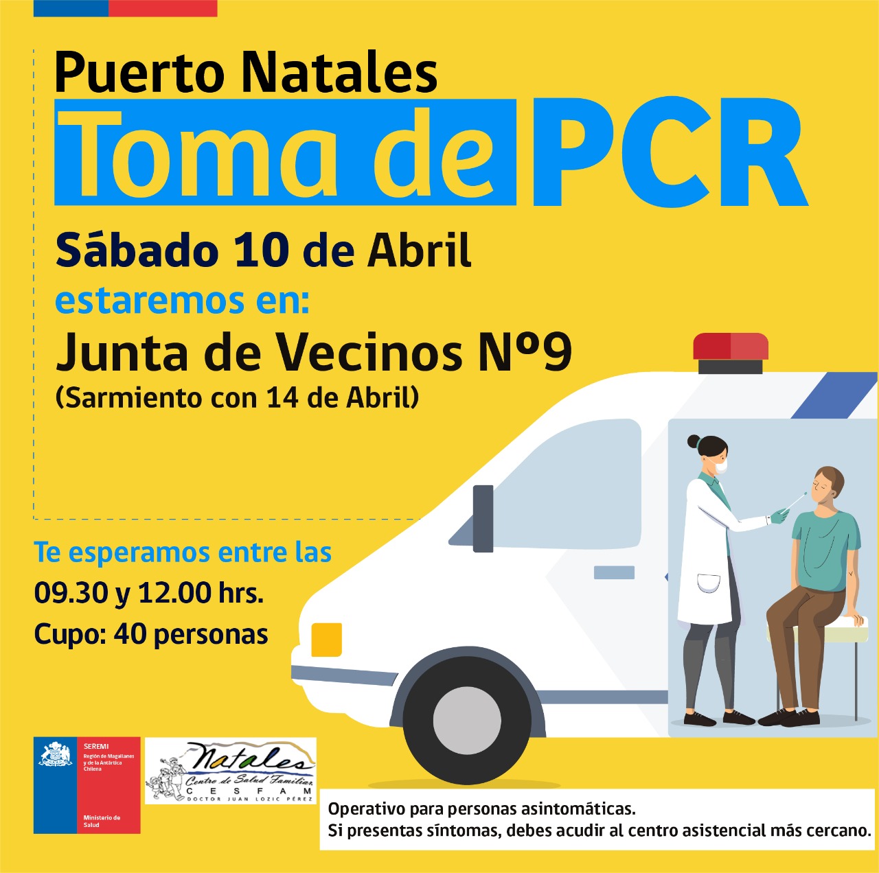 Operativos de toma de PCR continúan este sábado 10 de abril en Punta Arenas y Puerto Natales