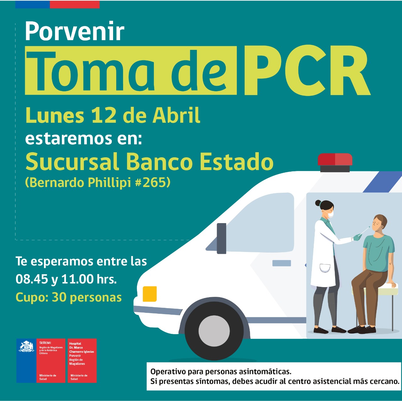 Este lunes 12 de abril se continúan realizando exámenes PCR en Puerto Williams, Porvenir, Punta Arenas y Puerto Natales