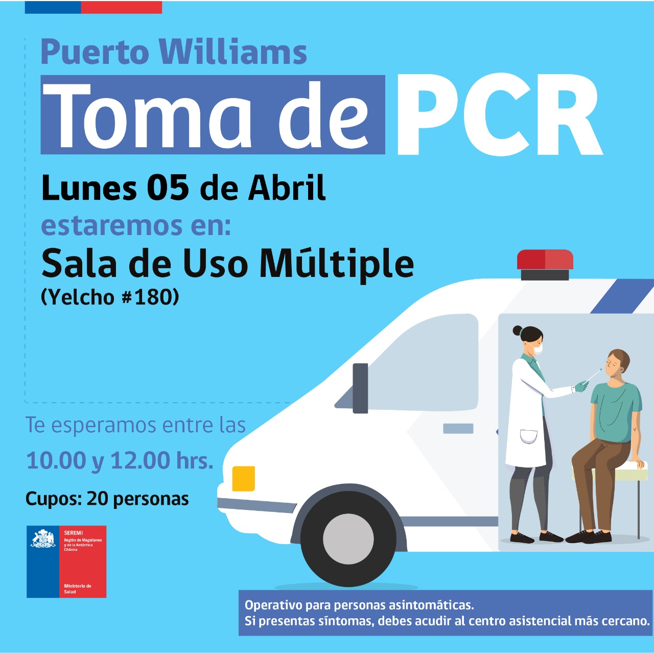 Este lunes 5 de abril continúa toma de exámenes PCR en Puerto Natales, Porvenir, Punta Arenas y Puerto Williams
