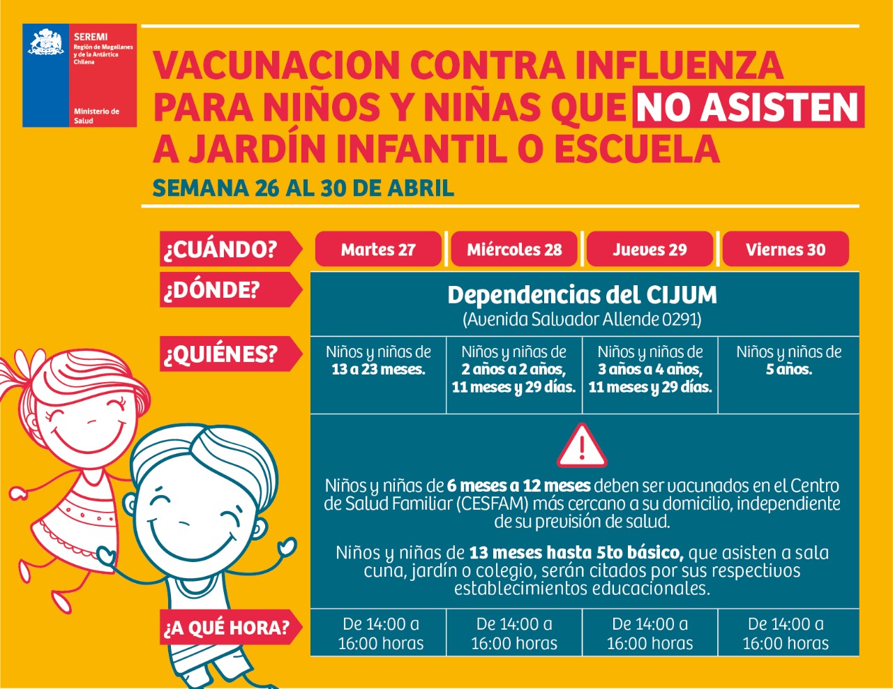 Vacunación de niños y niñas contra la influenza en Punta Arenas