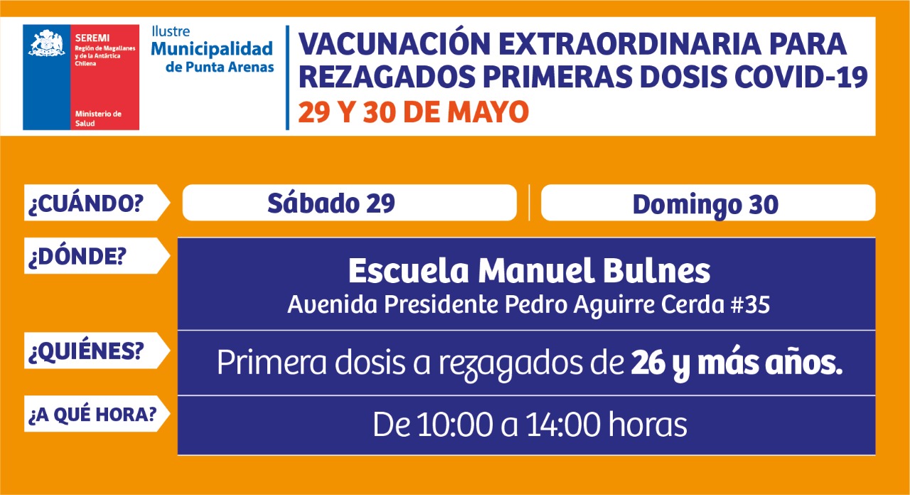 Jornada extraordinaria de vacunación contra covid19, este sábado 29 y domingo 30 de mayo en Punta Arenas: personas rezagadas de 1a dosis