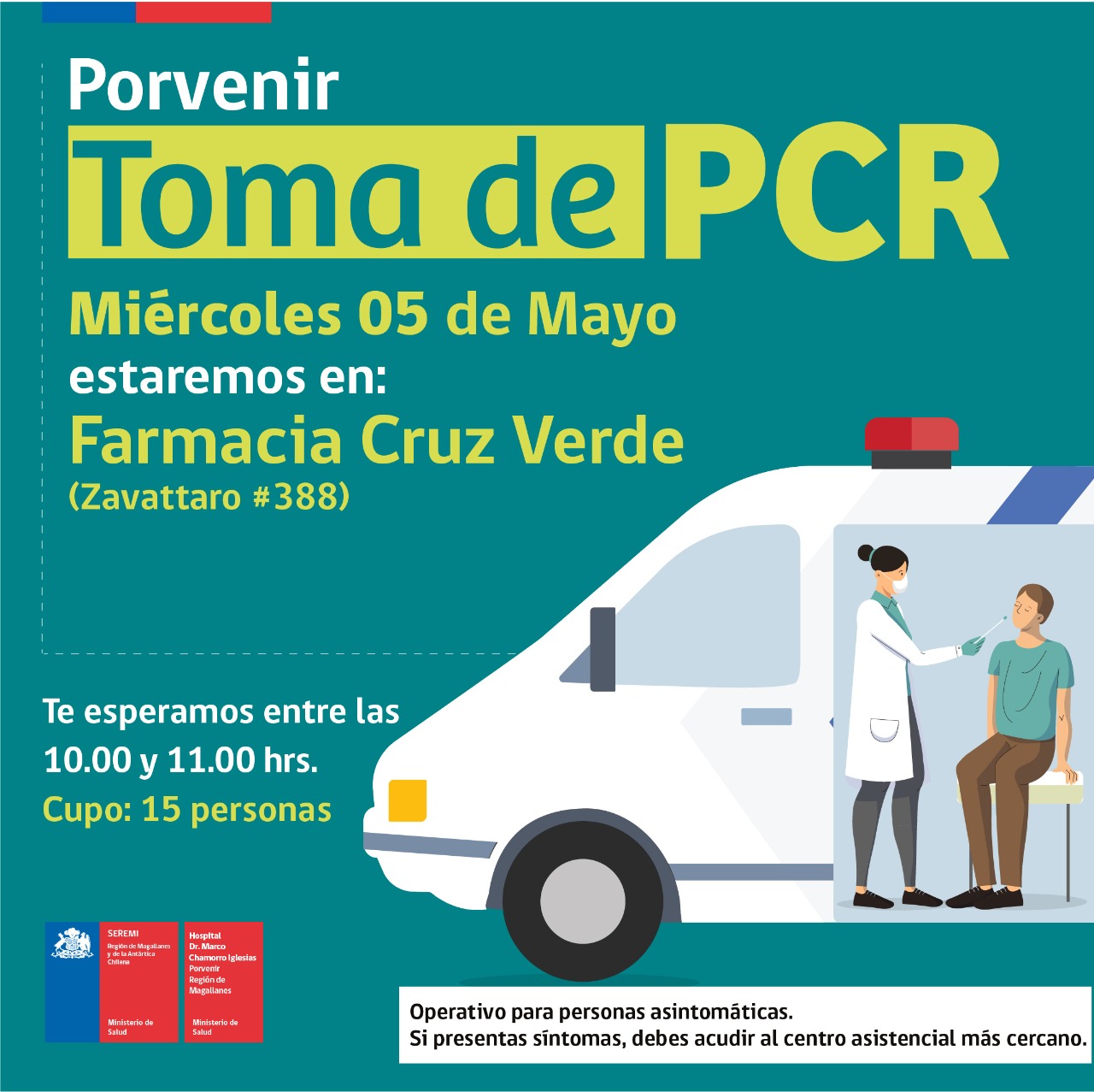 Toma de PCR se realizará este miércoles 5 de mayo en distintas comunas de la región de Magallanes
