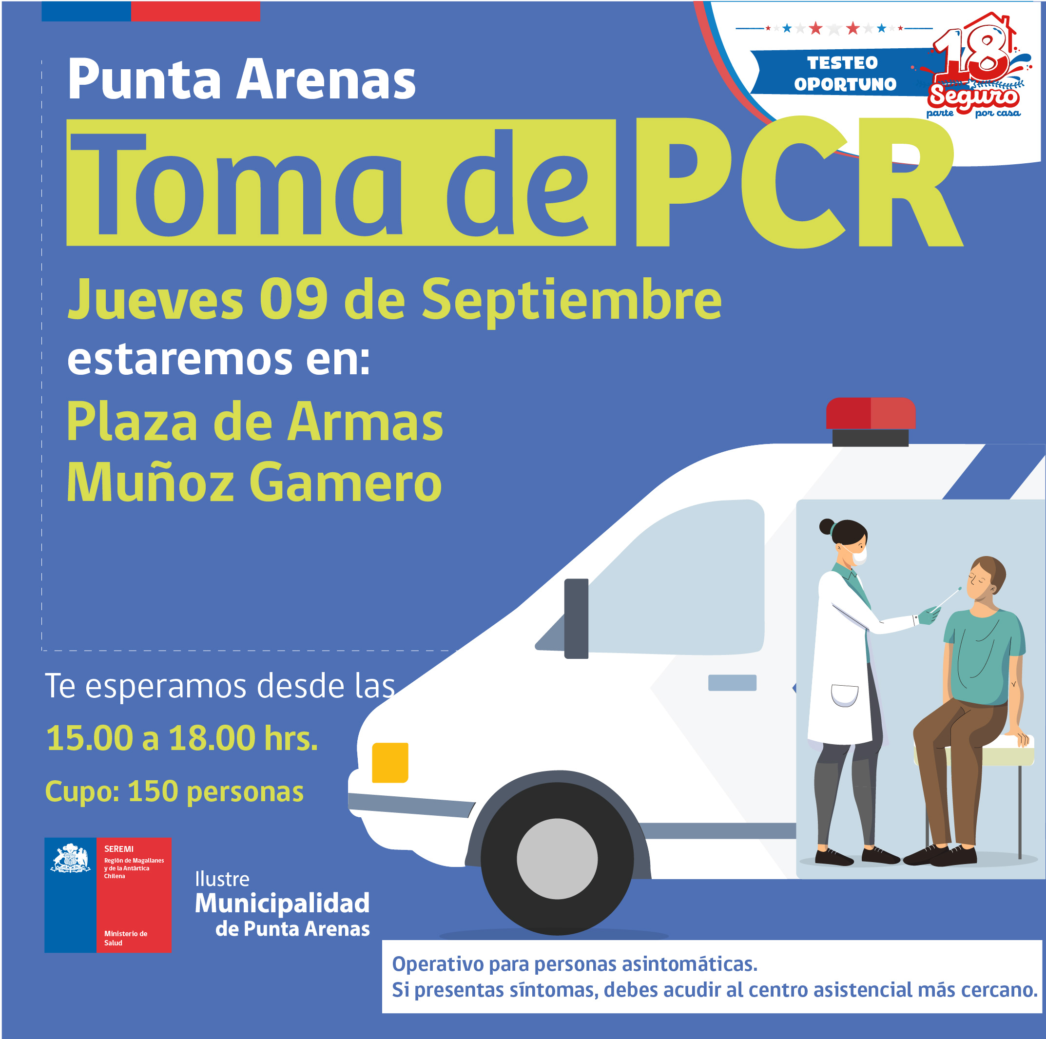 Toma de PCR se efectuará este jueves en distintos puntos de la región de Magallanes