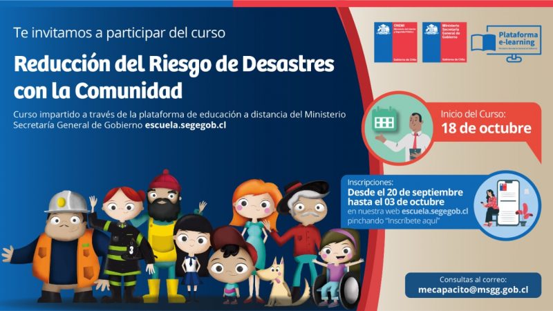 Que se impartirá a partir del 18 de octubre: Seremi de Gobierno invita a dirigentes sociales y sociedad civil a inscribirse en curso e-learning “Reducción del riesgo de desastres con la comunidad”