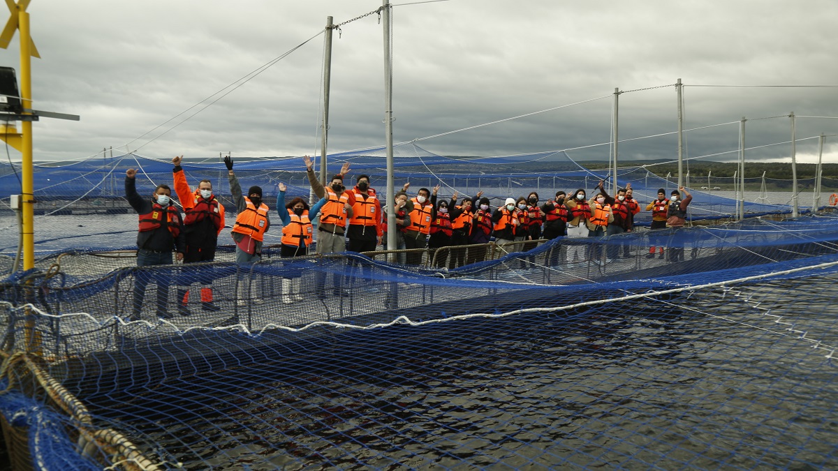 Alumnos de Acuicultura del Liceo María Behety conocieron centro de cultivo de salmones Mina Elena