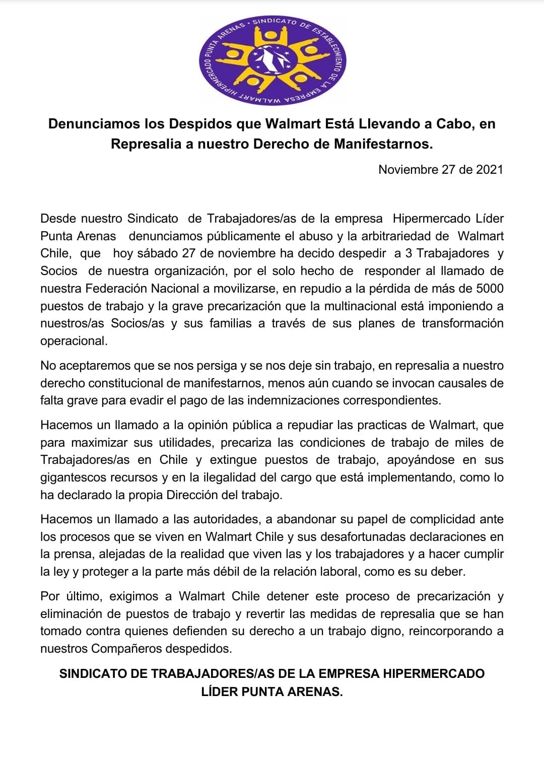 Trabajadoras de Wallmart Hipermercado Líder de Punta Arenas denuncian despidos arbitrarios
