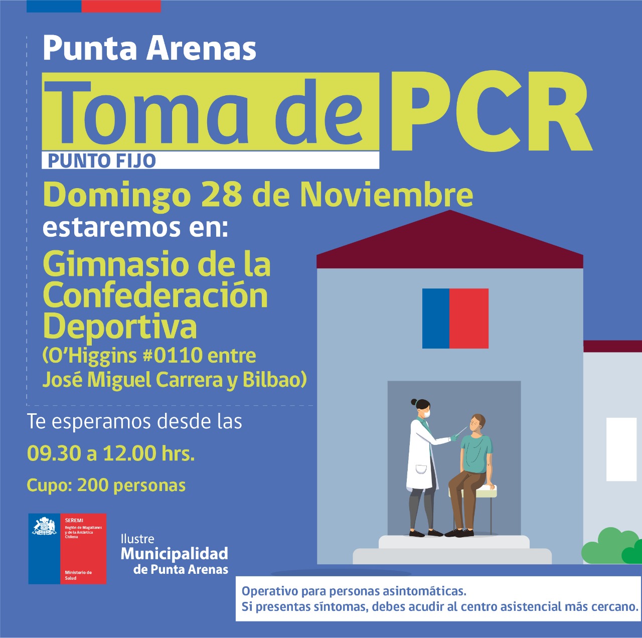 Toma de PCR se efectúa este domingo en el Gimnasio de la Confederación Deportiva de Punta Arenas