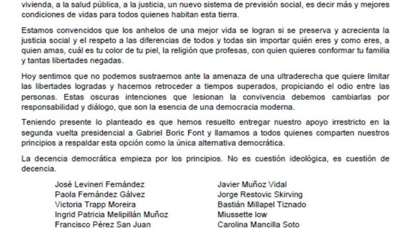 Declaración de militantes democratacristianos de la Vanguardia Comunitaria de Magallanes en apoyo de Gabriel Boric