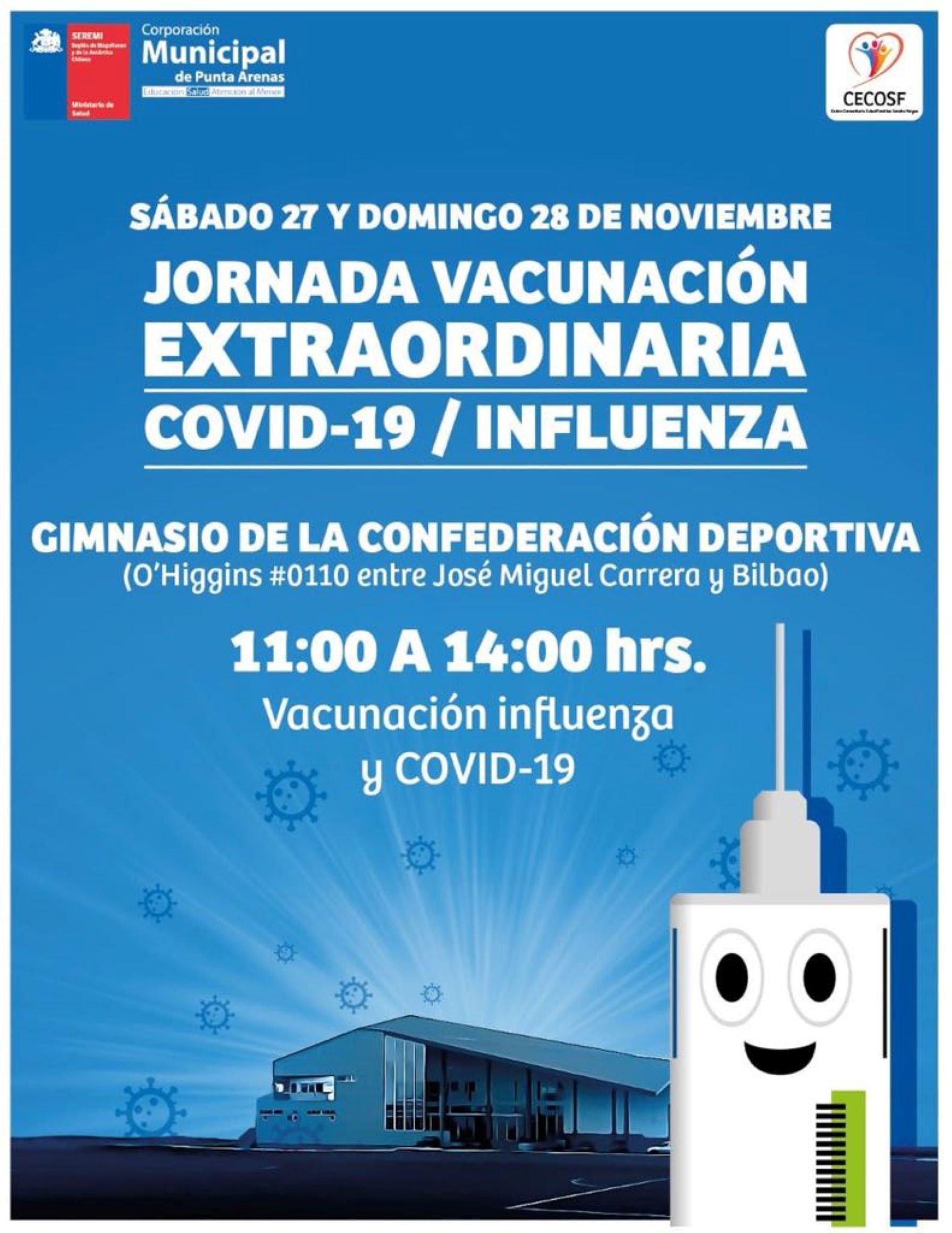 Jornada de vacunación extraordinaria contra Covid19 e influenza hoy en Punta Arenas