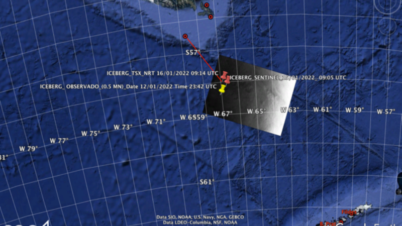 Centro Meteorológico Marítimo de la Gobernación Marítima de Punta Arenas y agencia espacial alemana monitorean iceberg en el mar de Drake