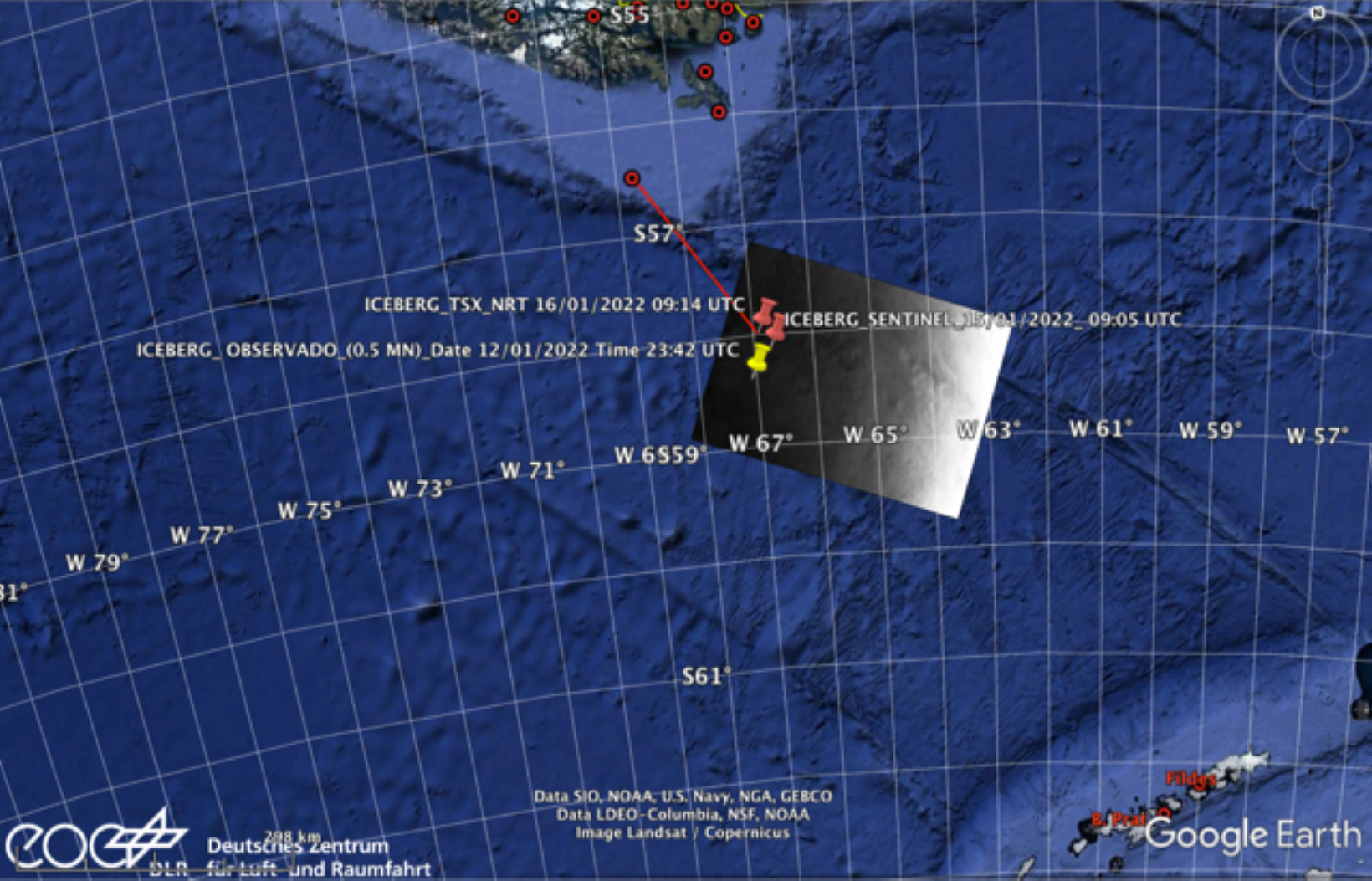 Centro Meteorológico Marítimo de la Gobernación Marítima de Punta Arenas y agencia espacial alemana monitorean iceberg en el mar de Drake