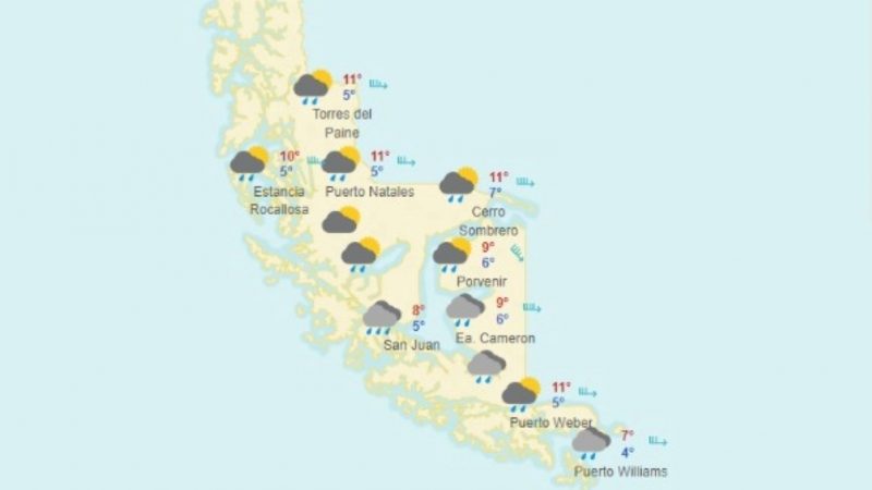 Lluvias, chubascos y vientos hasta 70 kmh. se pronostican hoy jueves 10 de febrero en Magallanes