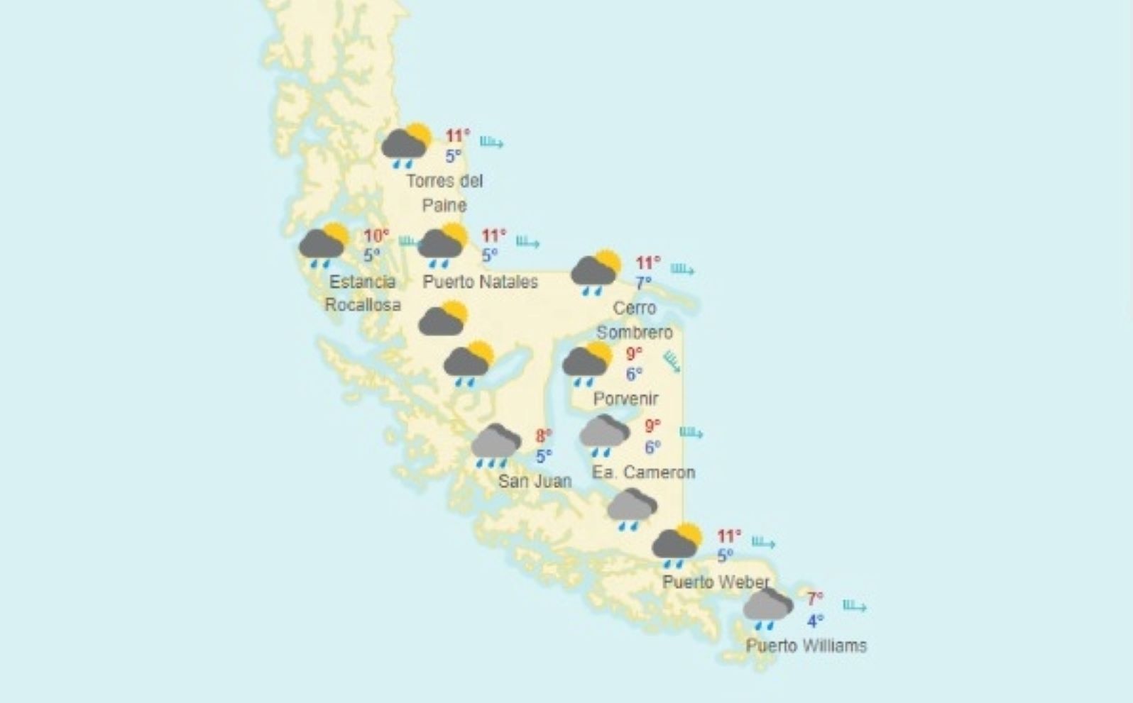 Lluvias, chubascos y vientos hasta 70 kmh. se pronostican hoy jueves 10 de febrero en Magallanes