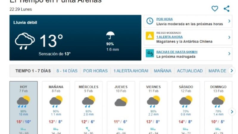 Lluvias y vientos moderados sobre Punta Arenas, esta noche de lunes 7 de febrero