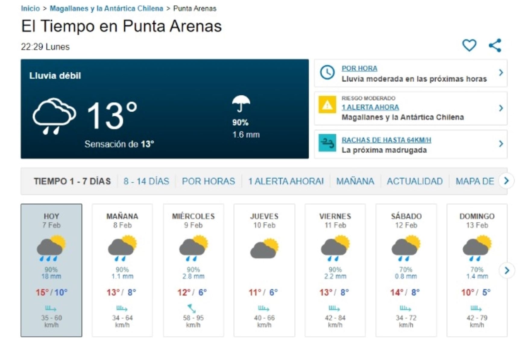 Lluvias y vientos moderados sobre Punta Arenas, esta noche de lunes 7 de febrero