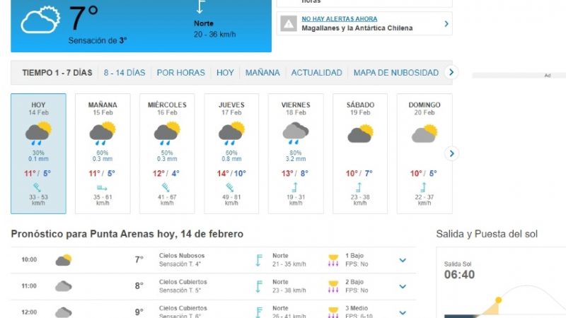 Vientos hasta 50 kmh continuarán este lunes 14 de febrero en Punta Arenas
