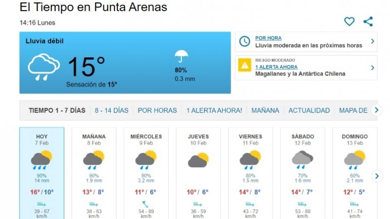 Lluvias y vientos moderados se pronostican esta semana en Punta Arenas