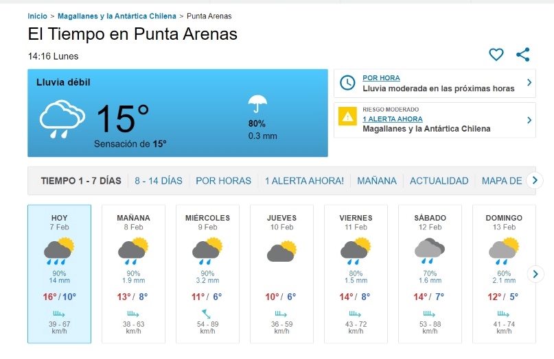 Lluvias y vientos moderados se pronostican esta semana en Punta Arenas