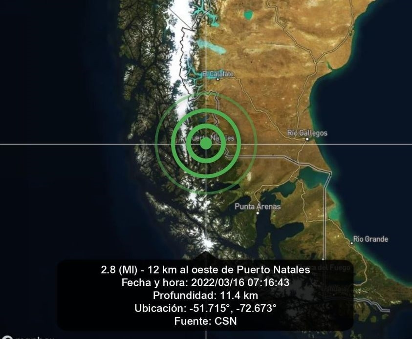 Leve sismo se produjo esta mañana a 12 kilómetros al oeste de Puerto Natales