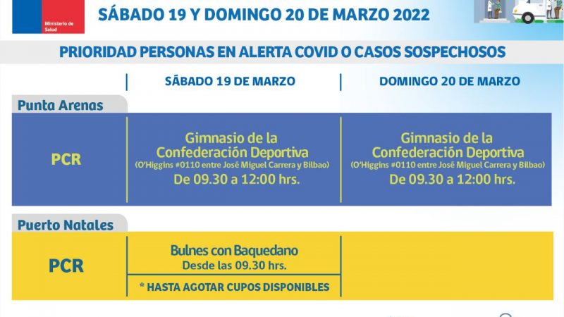 Toma de antígenos y PCR se efectuará este sábado 19 y domingo 20 de marzo en Punta Arenas