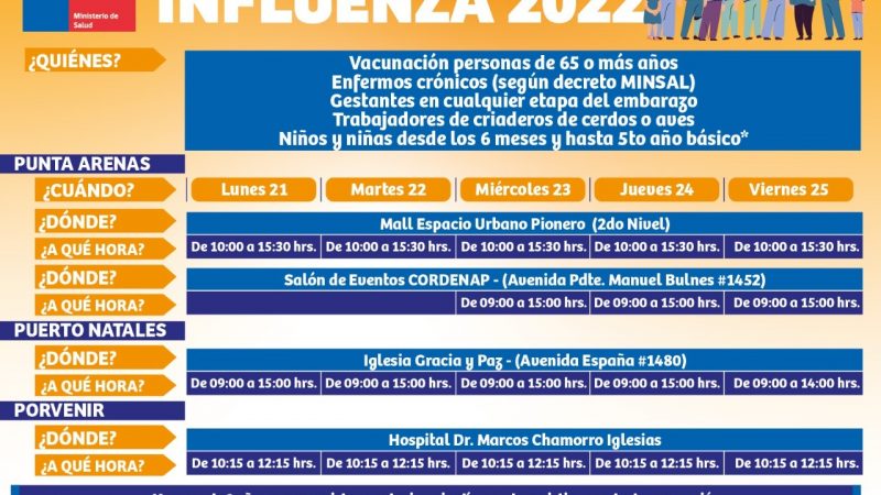 Calendario de vacunación contra la influenza: semana del 21 al 25 marzo en Punta Arenas, Puerto Natales y Porvenir