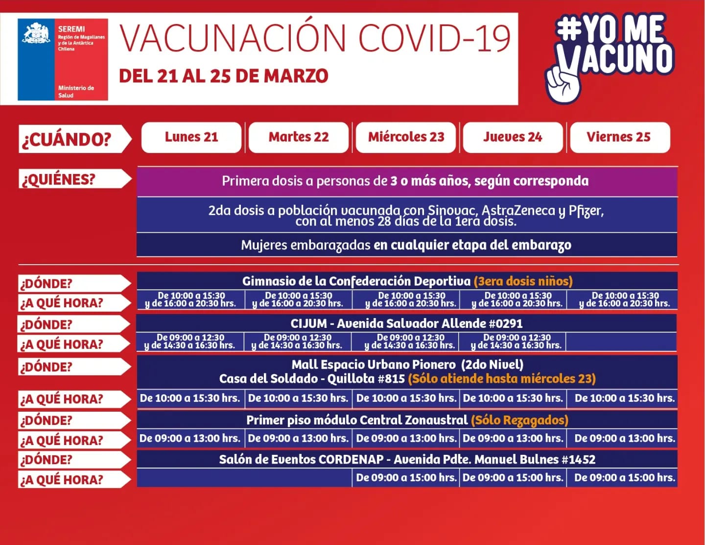 Calendario de vacunación en Magallanes, semana del 21 al 25 de marzo