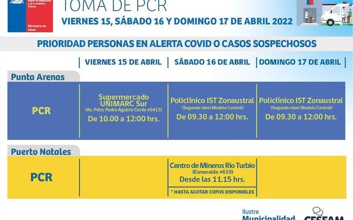 Servicios de Salud informan toma de PCR este fin de semana en Punta Arenas y Puerto Natales