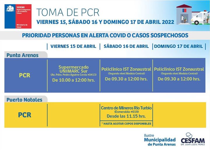 Servicios de Salud informan toma de PCR este fin de semana en Punta Arenas y Puerto Natales