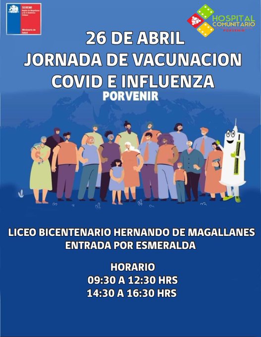 Hoy martes 26 de abril se efectúa Jornada de vacunación contra covid19 e influenza en Porvenir