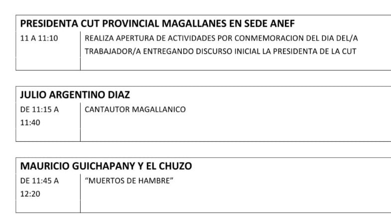 Programa de actividades CUT Magallanes con motivo del 1° de mayo