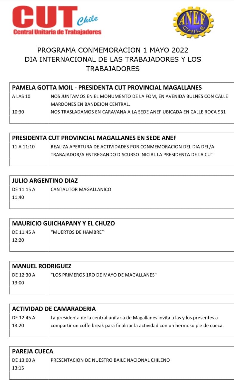 Programa de actividades CUT Magallanes con motivo del 1° de mayo