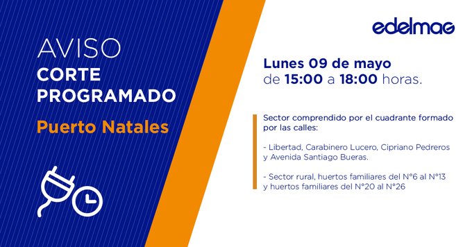 Informa EDELMAG | Corte programado de suministro eléctrico en Puerto Natales este lunes 9 de mayo