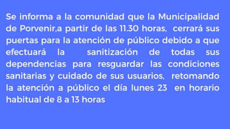 Edificio de la Municipalidad de Porvenir será sanitizado este viernes 20 de mayo | Atención al público se reinicia el próximo lunes 23