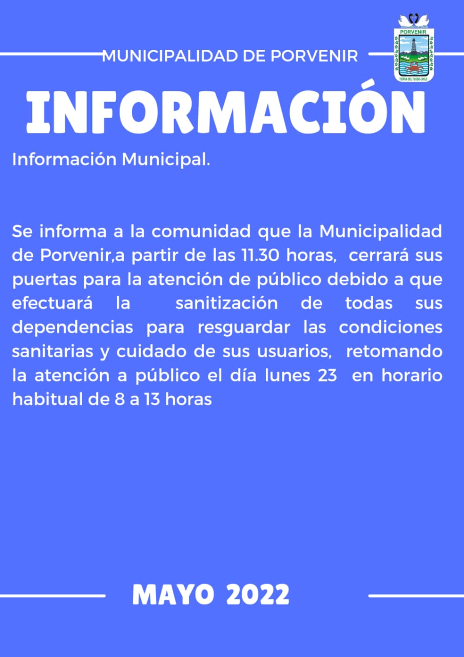 Edificio de la Municipalidad de Porvenir será sanitizado este viernes 20 de mayo | Atención al público se reinicia el próximo lunes 23